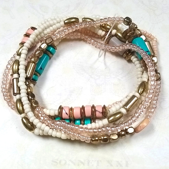 Vintage Boho Turquoise Coral Goldtone Beaded Stackable Stretch Bracelet Set - Picture 5 of 16